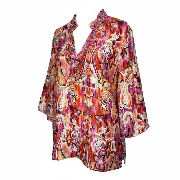 Chico’s Beaded Tunic Top Size 3/US 16 V-Neck Embellished Boho Chic Blouse - Picture 1 of 9